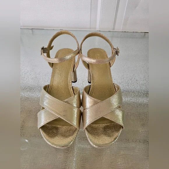 Kenneth Cole Reaction 7.5 Gold Block Heel Sandals Platform Strappy Party Glam - Picture 2 of 8